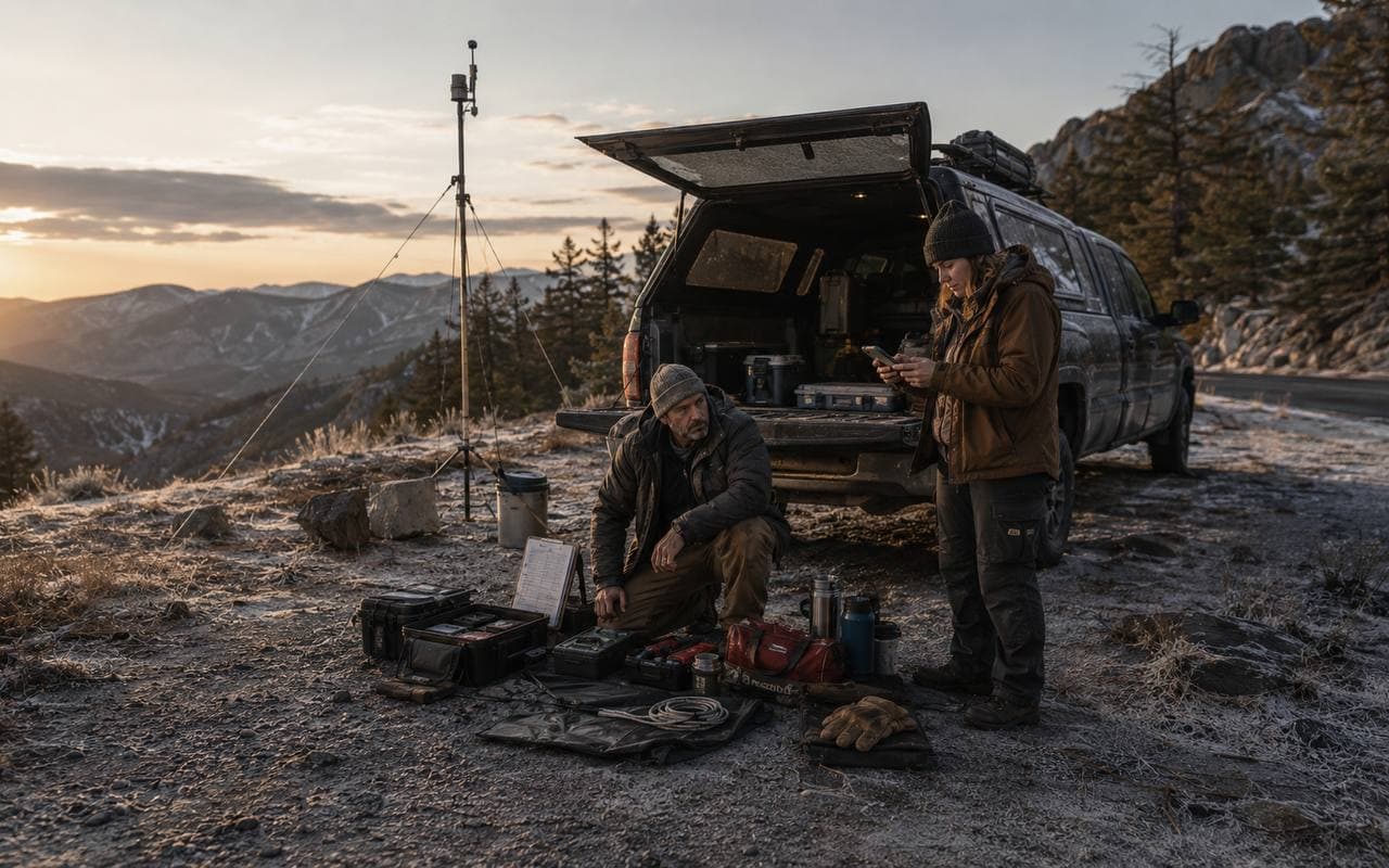 Two civilians at a cold alpine roadside support stop with restrained gear and a slim antenna mast