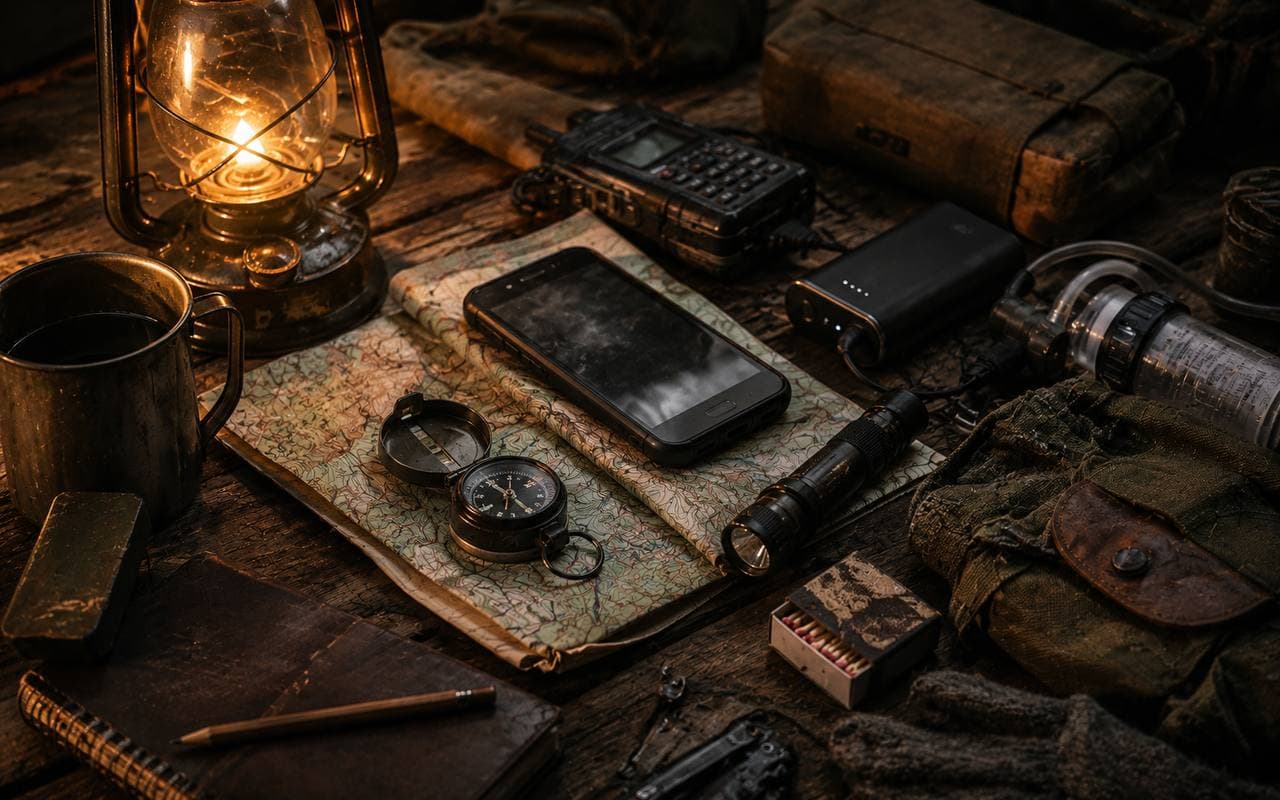 A detailed still life of ArkOne-style field tools on a rough wooden table