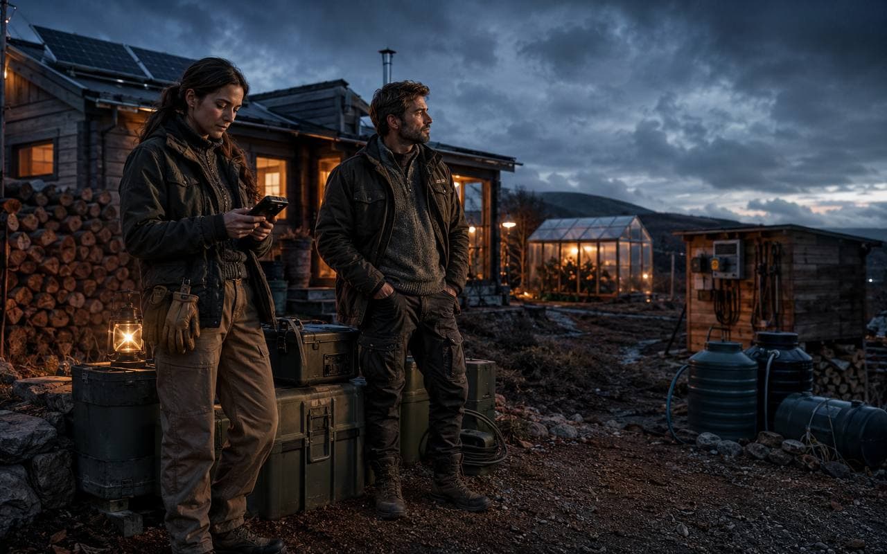 A resilient off-grid homestead at blue hour with two people standing outside a cabin