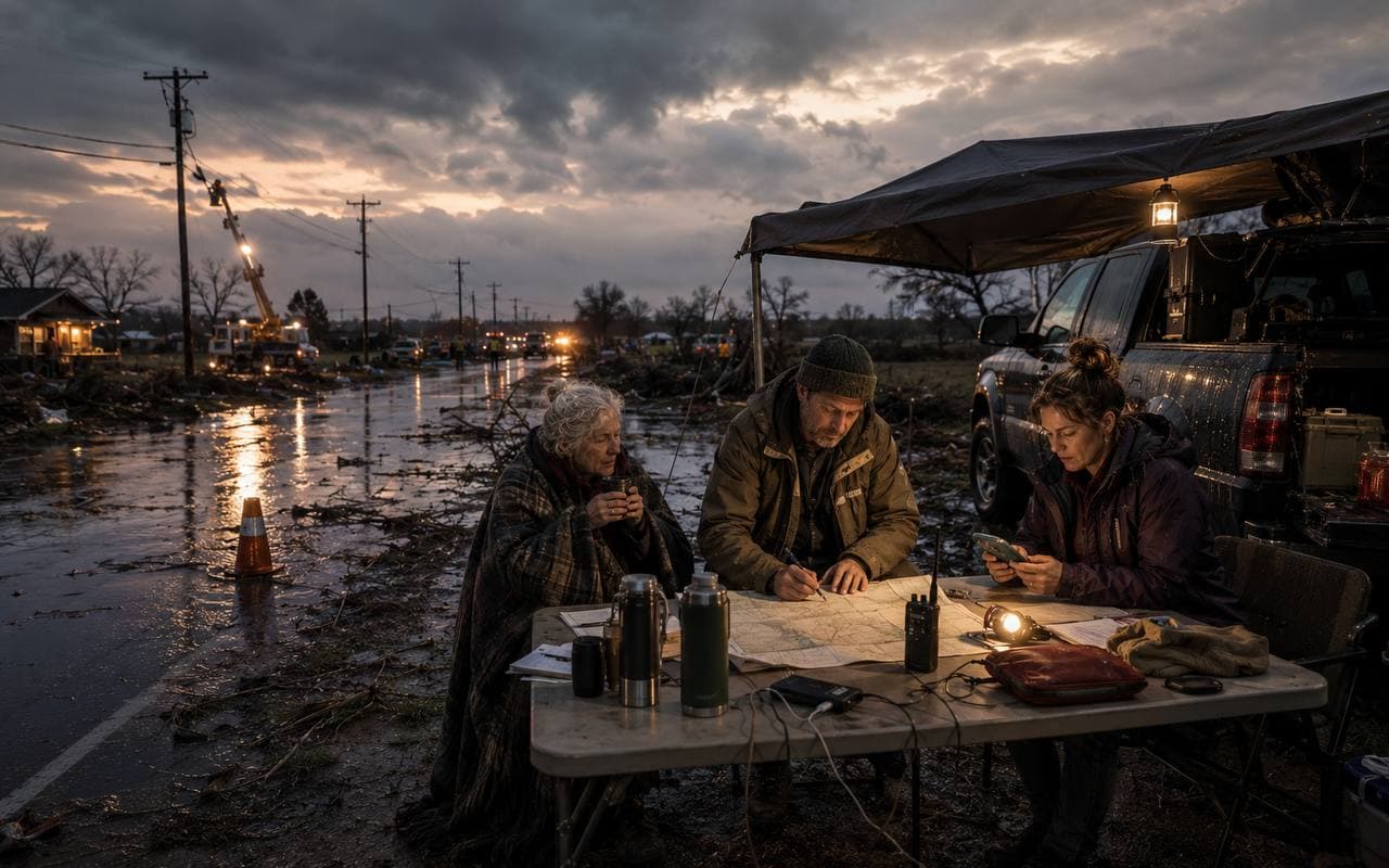 Three civilians working under a roadside canopy after a storm with maps and basic field gear