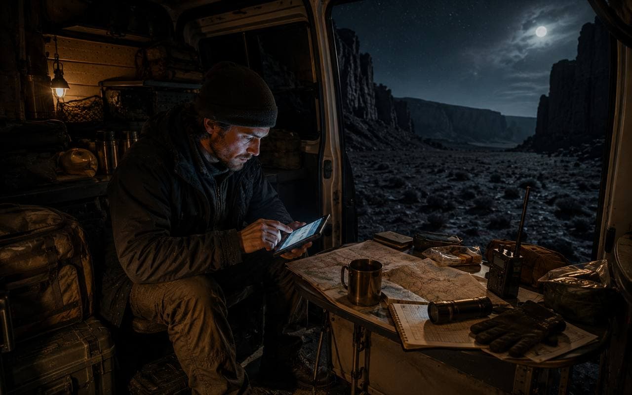 A solo off-grid traveler using ArkOne inside a van in a remote desert pullout at night